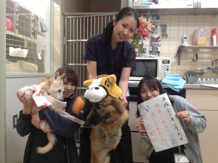 十二支のかぶりもので、スタッフと新年をお祝い（三橋さん提供）