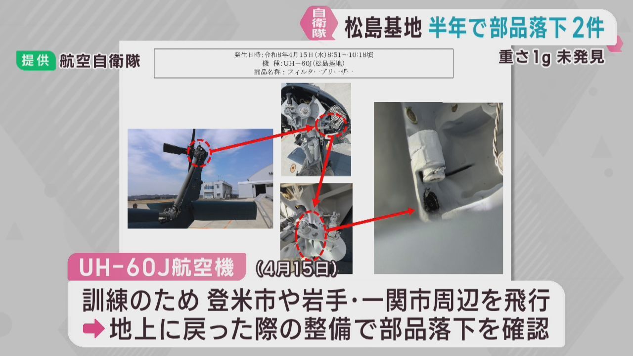 飛行中の航空機から部品が落下　半年で２件３個　宮城・航空自衛隊松島基地