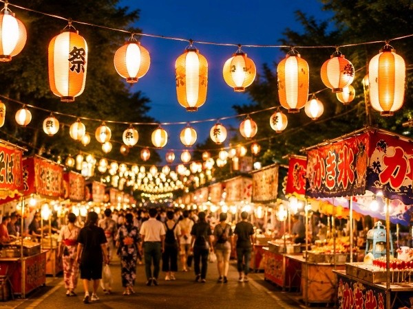 露店が並ぶ祭りの風景　※画像はAIが作成したイメージです（minorace／stock.adobe.com）