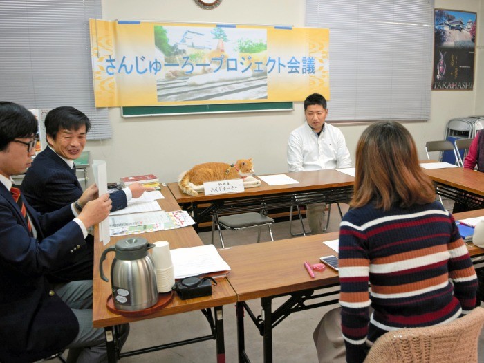 失踪し、１９日後に帰還した猫城主さんじゅーろーの失踪再発を防ぐ会議には、本人（猫）も出席した＝岡山県高梁市横町、中村通子撮影