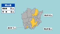 岡山県の新型コロナ感染状況　10月27日（「黄」は1～9人の感染者が確認された市）