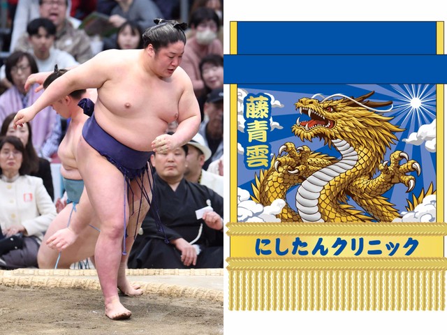 春場所千秋楽、獅司（奥）を送り出しで破り、10勝目を挙げた藤青雲（左）と5月場所ににしたん社長から贈られる特注化粧まわしのデザイン