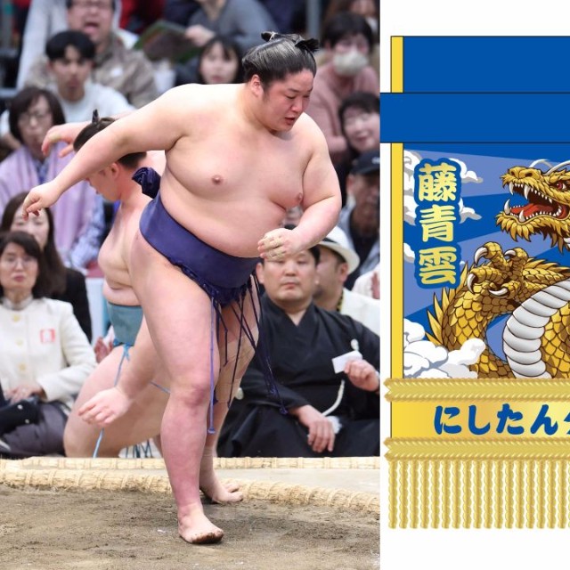 春場所千秋楽、獅司（奥）を送り出しで破り、10勝目を挙げた藤青雲（左）と5月場所ににしたん社長から贈られる特注化粧まわしのデザイン