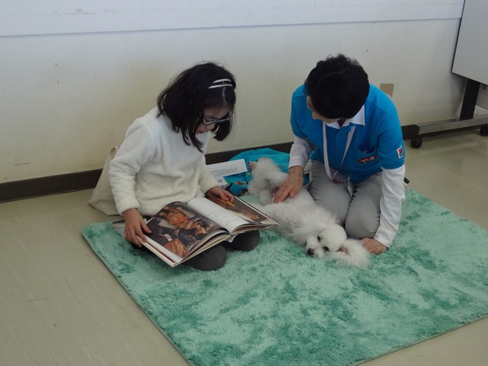 「犬に読み聞かせることで、緊張しやすいお子さんにも達成感と自信が生まれます」柴内先生とピーター（三鷹市立三鷹図書館、JAHA提供）

