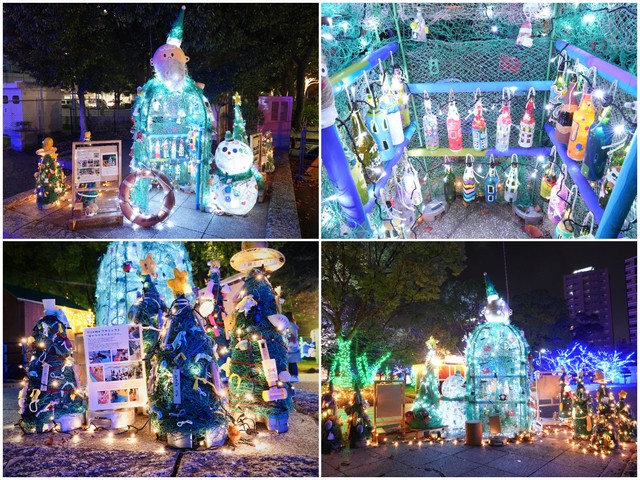 グリーンサンタの中に入って記念撮影ができる（左上）、サンタ内部には、廃棄予定だったワインボトルに描かれた小さな街が（右上）、後ろからみるとこんな感じ（右下）、「海のクリスマスツリー」も（左下）