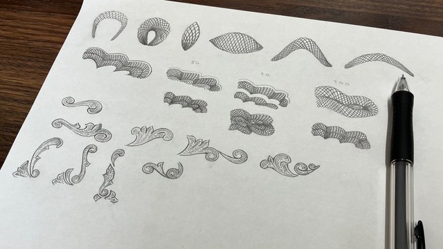 自作した彩紋模様と唐草模様。データ化してアプリでシンメトリーにしたり、架空紙幣に組み込む／個立印刷局さん（@Koritsu_Insatsu）提供