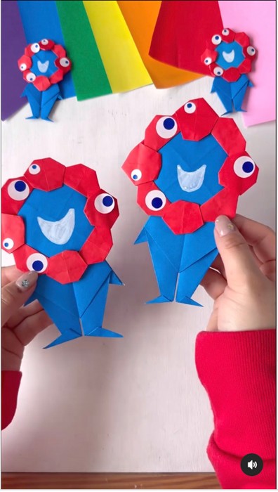 折り紙で、今やかわいくなったミャクミャクを再現（動画からキャプチャ／提供：ゆみのすけさん）