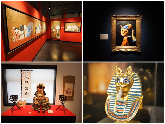 加悦雅乃ギャラリー（左上）、猫名画の間の「青いターバンの猫」（右上）、猫国武将の間（左下）、古代猫文明の間にあるツタンニャーメンのマスク（右下）