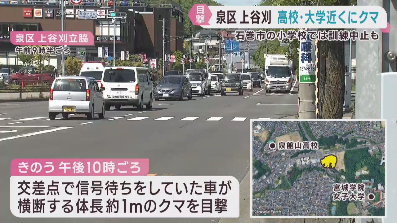 クマ目撃　仙台・泉区のショッピングモール近く　宮城・石巻市の小学校では避難訓練を中止