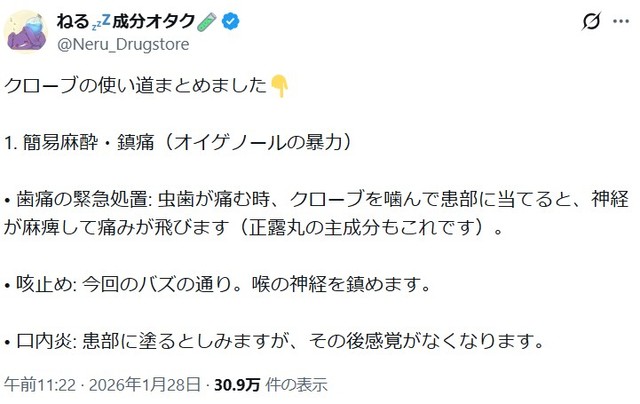 ねるさんが紹介するクローブの使い道① ※ねるさんのXより抜粋