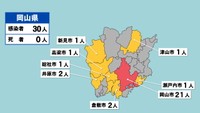 岡山県の新型コロナ感染状況　1月6日（「赤」は10人以上、「黄」は1～9人の感染者が確認された市）