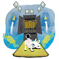 仏前、とけ合う感謝と祈り　青来有一