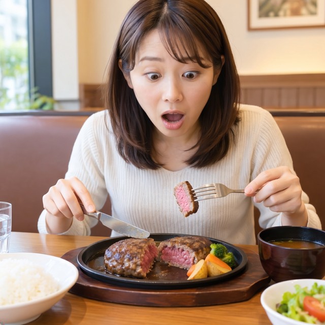 ハンバーグが生焼けだ…　※この画像はAdobe Fireflyで作成したイメージです