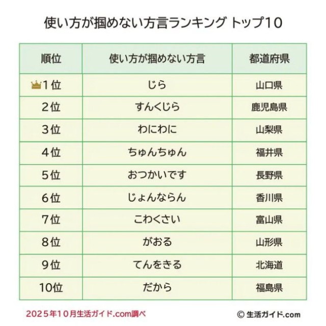 使い方が掴めない方言ランキングTOP10（提供画像）