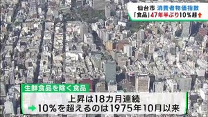 食品は４７年６カ月ぶりに１０％超の上昇　仙台市の消費者物価指数