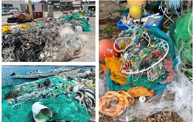漁港に積み上げられていた漁網や漁具（イドベタ提供）