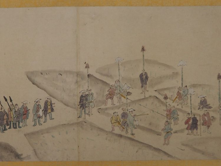 検地の様子。役人が田畑の面積や収穫量、所有者を調査した