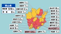 岡山県の新型コロナ感染状況　1月20日（「赤」は10人以上、「黄」は1～9人の感染者が確認された市と町）