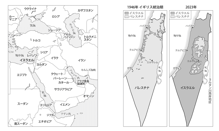 左図：中東周辺の地図。右図：1946年と2023年時点における、パレスチナ‐イスラエル領土の分布。