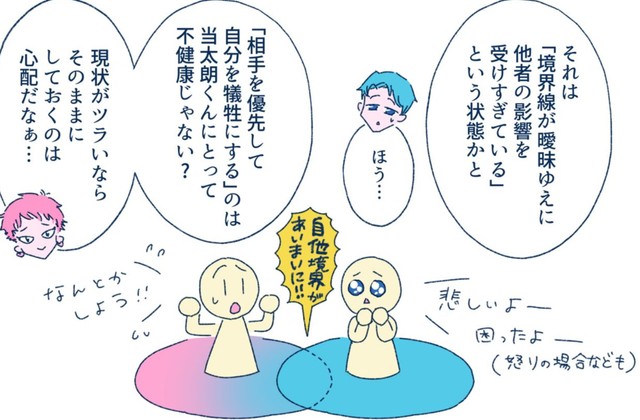 バウンダリーは、ほかにも相手を遠ざけてしまうタイプや、逆に相手の領域に入ってしまうタイプもいる　（C）『ソリチュード ひとりを愛する人が集まるバー』中村あいさつ（KADOKAWA）