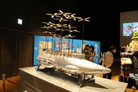宮崎駿さんがデザインを手掛けたビデオテープCMの空中客船＝阪急うめだ本店9階うめだギャラリー、アニメージュとジブリ展大阪会場