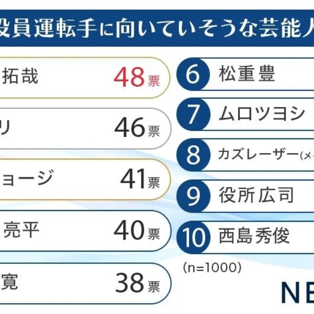運転手に向いてそうな芸能人ランキング（提供画像）
