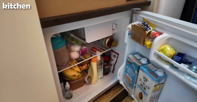 小さな冷蔵庫にぎゅうぎゅうに詰められた食材／Tadawoさん（@Tadawo-japanvlog）提供