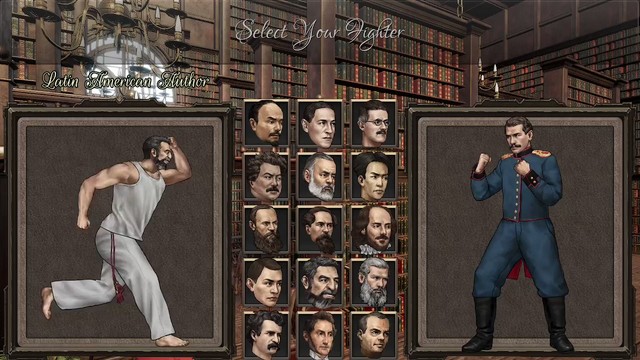 キャラセレクト画面。名だたる文豪が顔を揃えているが、やる事は何故か殴り合いだ。