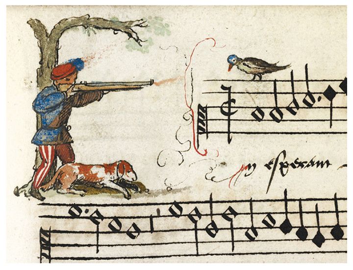図3：『1542年の歌曲集』より、イニシャルE（カンブレ、市立図書館MS 128, fol.44r, ［部分］、ブルッヘ、1542年）譜線の上に留まる鳥を撃つ猟師を、Eに見立てる。
