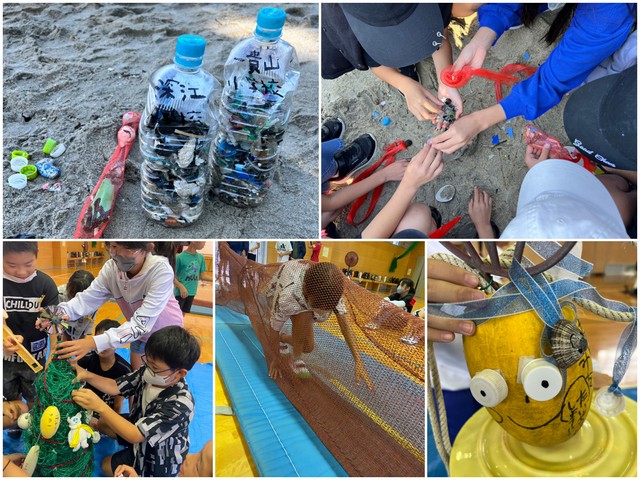 小学生のワークショップでは、ビーチクリーンで拾ったプラスチックなどをツリーに飾り付け。漁網を活用した障害物競争も（下中）。遊びを取り入れ、楽しみながら環境保護への意識を高める（イドベタ提供）