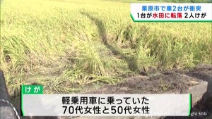 乗用車同士が衝突し１台が水田に転落　２人けが　宮城・栗原市