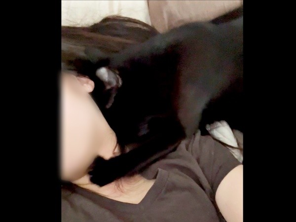 寝ぐせを作るのはママ限定！ 寝る前のルーティンになったすずりちゃん（画像提供：黒猫のすずりさん）