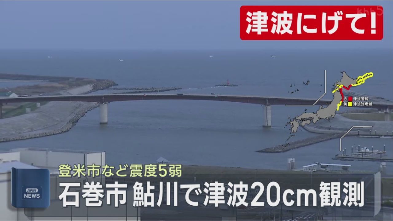 宮城・石巻市鮎川で２０センチの津波を観測　宮城県に津波注意報