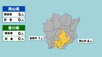 岡山県の新型コロナ感染状況　11月24日（「黄」は1～9人の感染者が確認された市）