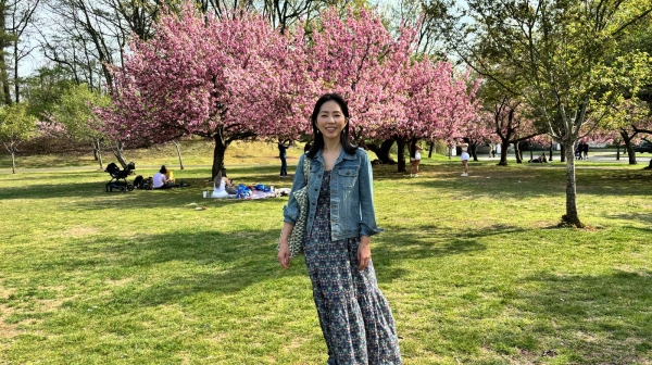 春のニューヨーク　桜の木の下で桜餅！