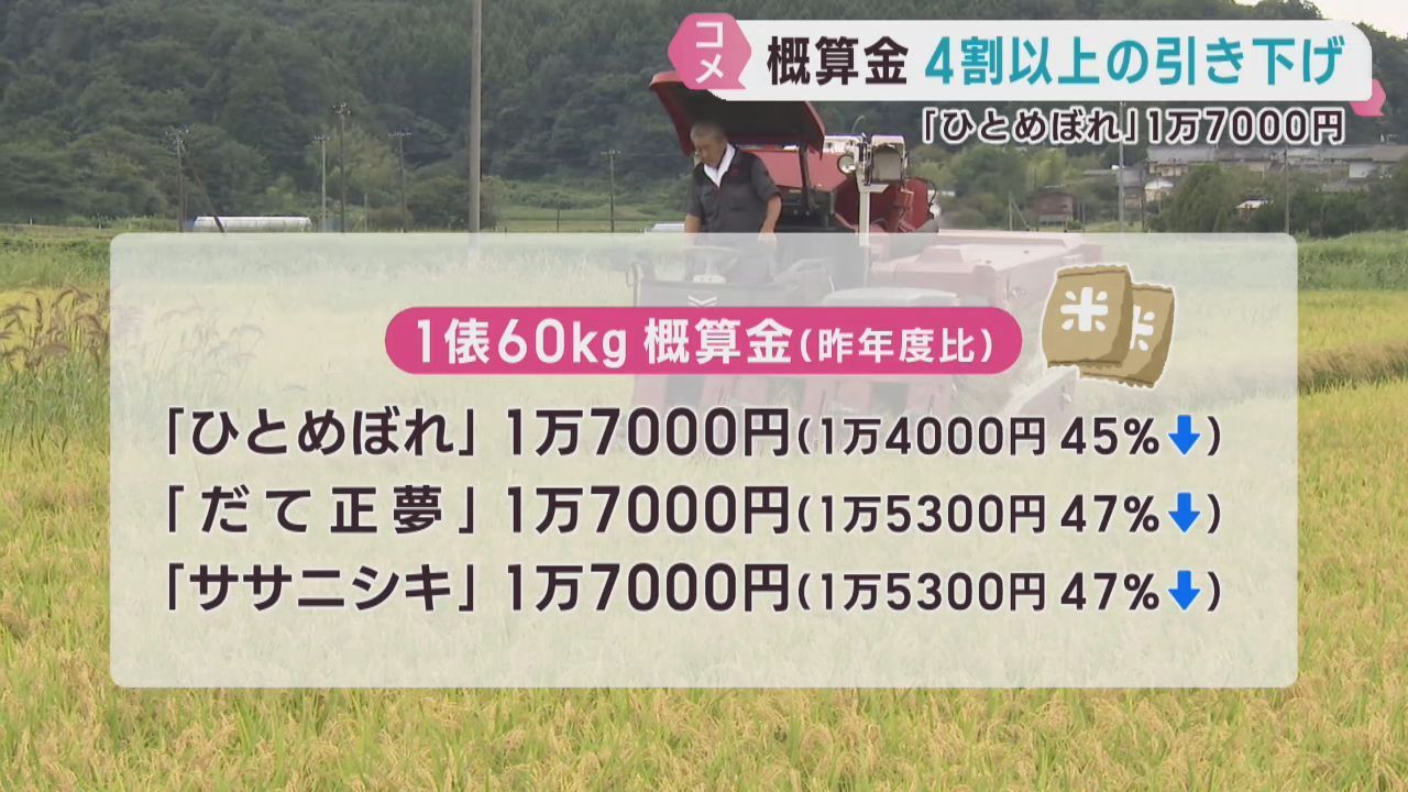 米の概算金　約１．５万円引き下げ　下落率は前年比４割超　ＪＡ全農みやぎ