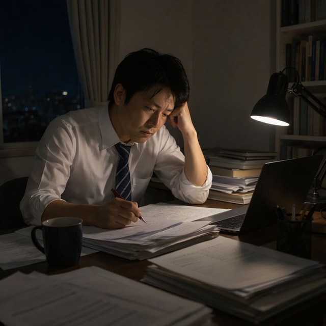 遅くまで自宅で残業する教員　※この画像はAdobe Fireflyで作成したイメージです