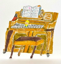 フリータッチの柔らかさと色遣いが愛らしいピアノの絵。よく見ると鍵盤の上に小人さんが！（YUKIさん提供）
