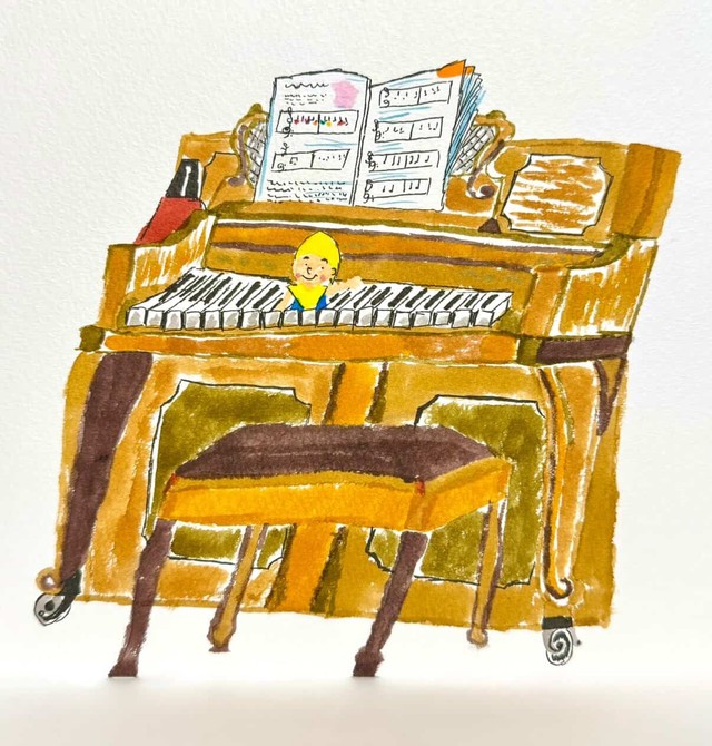 フリータッチの柔らかさと色遣いが愛らしいピアノの絵。よく見ると鍵盤の上に小人さんが！（YUKIさん提供）