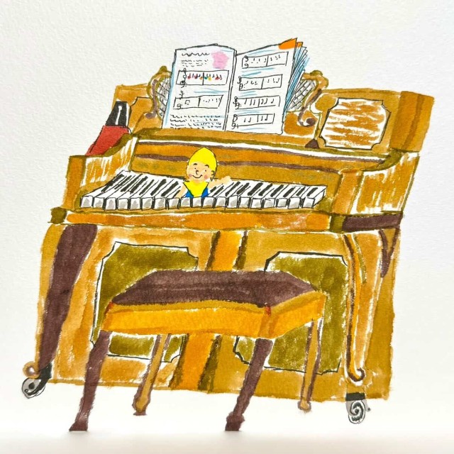 フリータッチの柔らかさと色遣いが愛らしいピアノの絵。よく見ると鍵盤の上に小人さんが！（YUKIさん提供）
