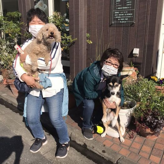 千恵子さんの妹さん（左）と愛犬のトイプードル。いつも散歩は一緒（千恵子さん提供）