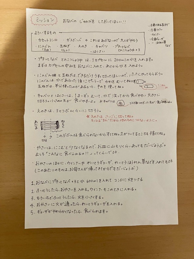 8歳娘へ託した“夕飯ミッション”の手書き指示書／はるぴんさん（@akarin33）提供　※エノキは菌類ですが食中毒の原因菌ではないため、調理の最後に回す科学的根拠はありません