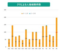 年度別クマによる人身被害件数。2025年は、異常な被害数を記録した令和5年度（2023年）を超えるという（画像：環境省のHPより）
