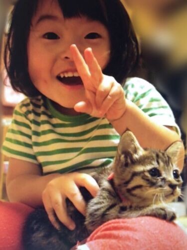 茶々丸と、幼き日の娘さくらちゃん。茶々丸は夫の運転する車のエンジンルームに入っていたところを救出された。助けた夫が熱中症に……（夏子さん提供）