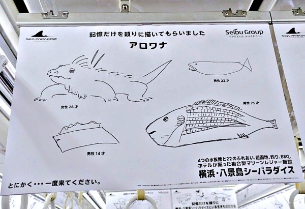 横浜・八景島シーパラダイスの電車広告。記憶を頼りに描いた「アロワナ」（画像提供：すこやかむいむいさん）