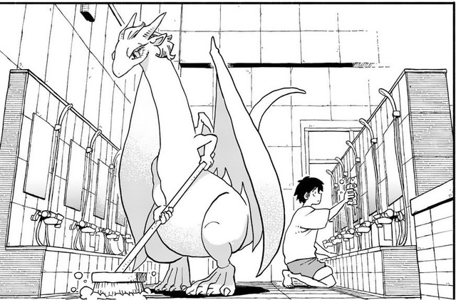 真面目に浴場内を清掃する村上とイルセラ　©︎牧瀬初雲・東裏友希／小学館