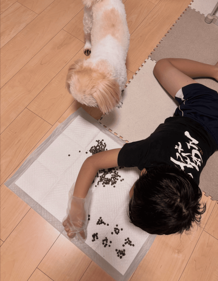 ワンちゃんの茶々丸と仲良くうんちを数える　画像提供：もふろぐ
