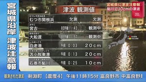 青森県東方沖で地震　青森県などに津波警報　宮城県などに津波注意報