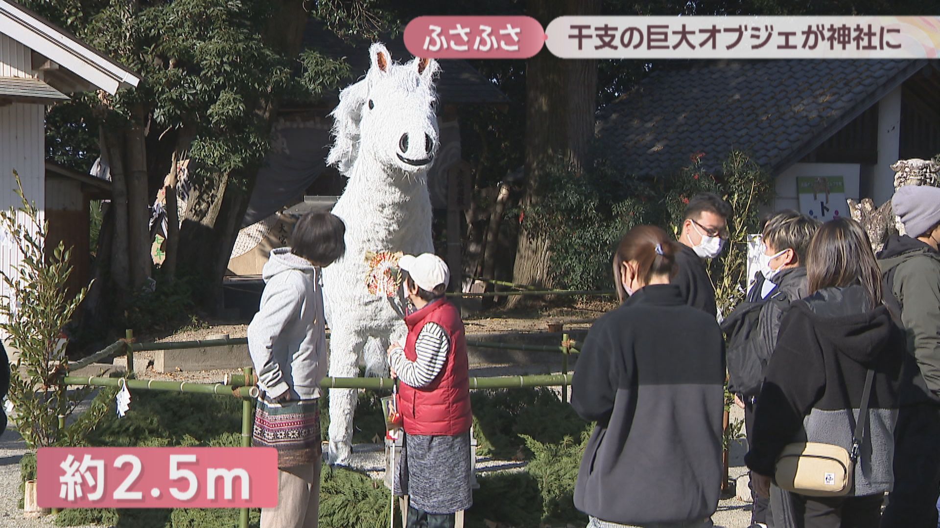 2026年の干支「午」の巨大オブジェが神社に 木の皮でふさふさな毛並み