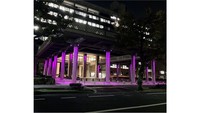 紫にライトアップされた県庁ピロティ（提供：岡山県）